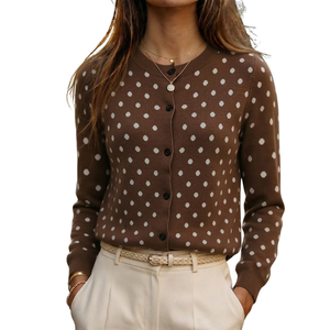 Women Brown Solid Knit <b>Cardigan</b> <b>Sweater</b> Regular Sleeve Button Front Neck Casual Simple Anti-Pilling Top Work Daily Wear Stylish - Product Image 1