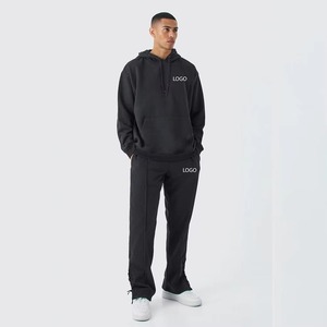 Unisex <b>Black</b> Hooded Anti-Wrinkle Lightweight Tracksuit Set Full Length Loose Fit 100% Cotton Solid Color Casual Jogger <b>Pants</b> - Product Image 1