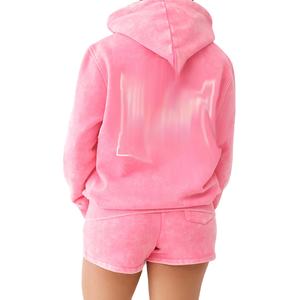 Conjunto de Sudadera con Capucha y Pantalones Cortos de Algodón y Felpa de Primera Calidad para Mujer, Estilo Urbano, Lavado Ácido, con Logotipo Personalizado, Ropa Deportiva de Invierno 2026 - Product Image 3