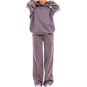 Survêtement pour femme à capuche, manches longues, avec poignets élastiques, taille à cordon, respirant, uni, teinture unie, lavage à l'acide - Product Image 1