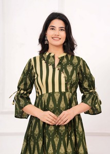 Anarkali kurta ชุดเดรสผ้าฝ้ายพิมพ์ลาย, ชุดกระโปรงยาวถึงเข่าชุดเดรสพื้นเมืองสำหรับผู้หญิงชุดอินเดีย - Product Image 4