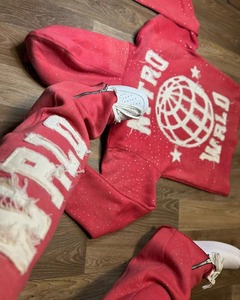 Satin Zip up Hoodie and Joggers Set Sportswear Tracksuit Rhinestone Custom Embroidery Tracksuit <b>Flared</b> Sweatpants and Hoodie Set - Product Image 2