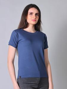 T-shirt élégant pour femmes, col extensible, manches courtes, tissu en toile bleu clair, 100% coton, tailles grandes, t-shirts pour femmes - Product Image 4