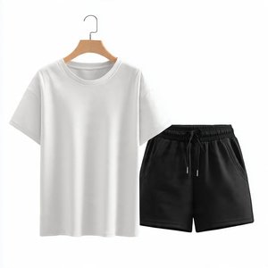 Conjuntos de pantalones cortos de algodón para mujer, Camiseta con hombros caídos, Camiseta de cuello redondo de gran tamaño para mujer, pantalones cortos de dos piezas para mujer - Product Image 2