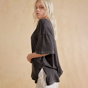 Camiseta de cuello ancho lavado ácido de gran tamaño para mujer 100% algodón hombro caído ropa de calle pesada Grunge Vintage camiseta de moda urbana - Product Image 2