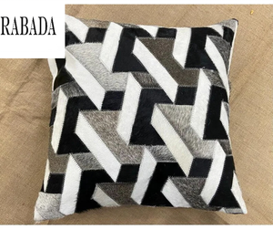 Handmade Collection COWHIDE Pillow <b>Cover</b> Fur Grey <b>Black</b> <b>and</b> <b>White</b> Navajo Design Patchwork <b>Cushion</b>-FREE Shipping - Product Image 1