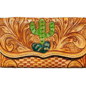 Cartera Bifold de Cuero Genuino con Patrón Geométrico Bohemio Elegante para Mujer, Bloqueo RFID, Cierre de Cremallera, Hecha a Mano, para Uso Diario - Product Image 1