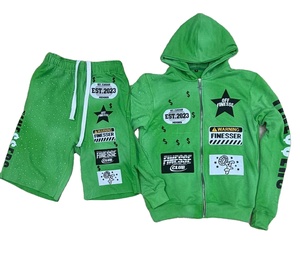 Custom Embroidery <b>Patch</b> Logo <b>Men's</b> High Street Winter 2-Piece Hoodie <b>Shorts</b> Set 100% Cotton Terry Breathable - Product Image 2