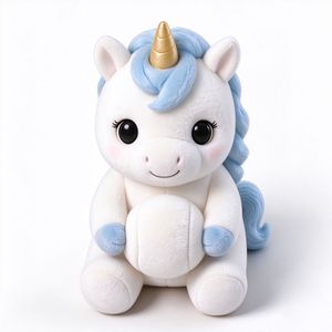 ตุ๊กตายูนิคอร์นสีขาวน่ารัก ขนนุ่ม นั่งอยู่ ตาโตกลมสีดำพร้อมขนตาที่ยาว - Product Image 1