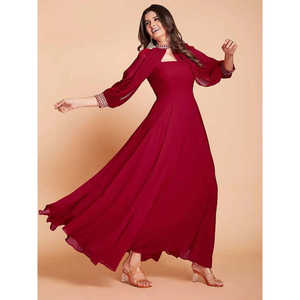 Magnifique robe de soirée rouge en georgette pour les fêtes, avec travail de dori, élégante robe de soirée - Product Image 5