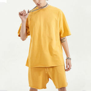 Survêtement d'été jaune unisexe 100% coton surdimensionné blanc grande taille survêtements personnalisés deux pièces ensemble court pour hommes - Product Image 3