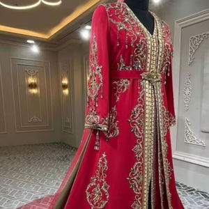 2025@Traditional Algerian Maroon Red Takchita Caftan Dress with embellished Crystal glass beads, Dabka, Pearls work for Wedding - Product Image 1