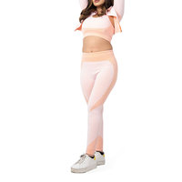 Ensemble de yoga rose deux pièces : Leggings taille haute et crop top à col rond, design color block en maille, extensible dans les quatre sens, sans coutures
