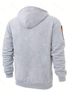 Men's Gray Hooded <b>Zip</b>-Up Sweatshirt Regular Fit Solid Color With <b>Pockets</b> Casual Autumn Wear <b>Hoodie</b> - Product Image 3