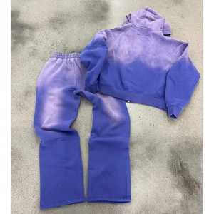 Custom Distressed <b>Embroidery</b> Patch Hoodie Acid Wash Boxy Fit Vintage Zip Cotton Sweatpants Jogger Tracksuit <b>Set</b> Bulk Wholesale - Product Image 5