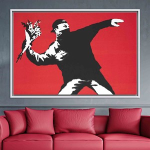 Impresión en Lienzo de Lanzador de Flores de Banksy: Decoración Moderna de Arte Graffiti, Lienzo con Marco Blanco - Product Image 1