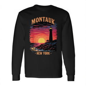 Camiseta de manga larga con diseño colorido del atardecer y el faro de Montauk, Nueva York, para promociones - Product Image 2