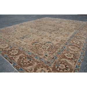 Vintage Rug, 9.7x12.6 ft Oversize Turkish Rug, <b>Brown</b> Blue Ikat Rug - Product Image 3