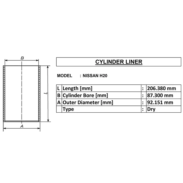 Silinder liner kering untuk nissan h20 id:-87.3mm od:-92.151mm panjang:-206.38mm buatan india