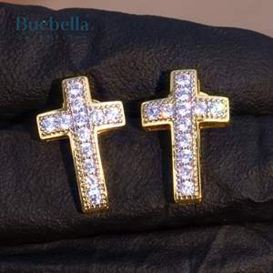 S925 plata esterlina 14K oro revestimiento Moissanite Micro Cruz Stud pendientes para hombres - Product Image 1