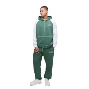 Conjunto Deportivo Personalizado de Alta Calidad 100% Algodón para Hombre, Verde, Talla Grande, Sudadera con Capucha y Pantalones Deportivos con Bloques de Color Personalizados - Product Image 1