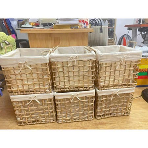 Panier de rangement en jacinthe d'eau tissé à la main, doublé de tissu, pot de fleurs, organisateur de linge, décoration vintage pour la maison - Product Image 1