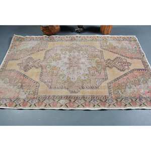 Tapis turc Vintage 4.4 X 7.1ft Beige Rose Laine Grande Surface Motif Abstrait Rectangle Couloir Design Nouveau Latex pour Décoration de Chambre - Product Image 3