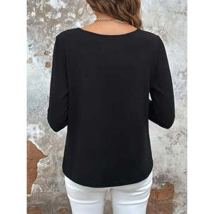 Blusa de viscosa bicolor de manga larga y cuello redondo para mujer con detalles de encaje, 30955 - Negro - Product Image 4