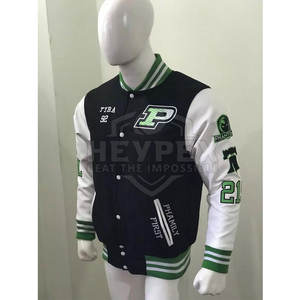 Chaqueta de béisbol Varsity Letterman para hombre en negro gris estilo de calle de invierno con mangas de cuero con cuello levantado venta Pakistán - Product Image 2