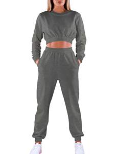 Crop Tracksuit <b>Set</b> <b>2</b> <b>Piece</b> <b>Womens</b> Cropped Tracksuit Cotton Fleece Tracksuit /Sweatsuit Wholesale Blank <b>Women's</b> Jogging Suits - Product Image 3