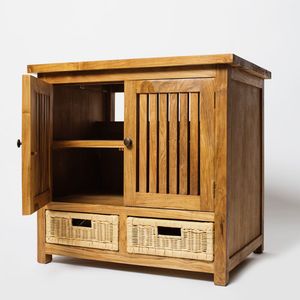 Buffet de cuisine autoportant avec étagères ouvertes, portes à lattes et tiroirs en paniers tressés - Product Image 1
