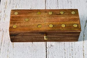 Wooden Handcrafted <b>Domino</b> Game <b>Set</b> Decorative Storage Box with Brass Inlay 8.7x3.4x2.3 Inches - Product Image 2