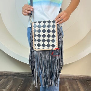 Bolso Bandolera de Cuero Genuino con Flecos y Diseño a Cuadros, Hecho a Mano, para Mujer, Venta Caliente 2025 - Product Image 1