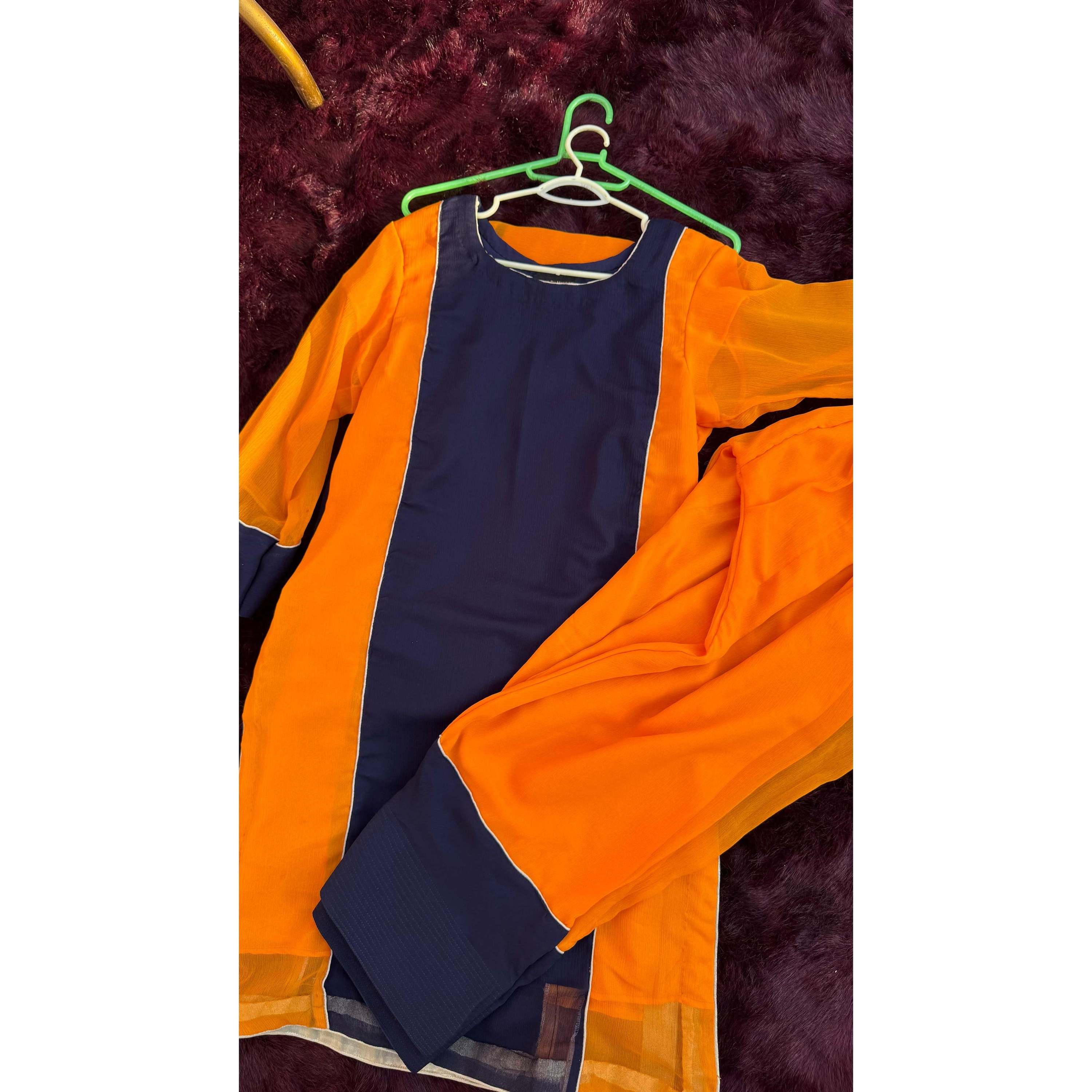 blue and orange dress combination Stylish Women's Chiffon Color Blocked Loose Fit Full Length Suit Sets Elegant ASYMMETRICAL WRAP LONG DRESS Color:Peri Blue WK3Promo-AU Orange lehenga Explore available options and