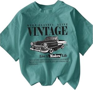 Camiseta de mujer con estampado gráfico de letras, cuello redondo, hombros caídos, estilo moderno de verano, manga corta, top con estampado de coche vintage - Product Image 1