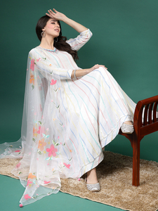 Ensemble Kurta Palazzo Dupatta blanc pour femme, col en V, broderie, design original, tendance, long, en coton, longueur genou, pour mariage et fête - Product Image 6