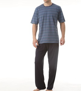 Ensemble de pyjama décontracté 2 pièces pour homme en tissu tricoté 100 % coton teint en fil, respirant, à manches courtes et rayures, avec poches - Product Image 1