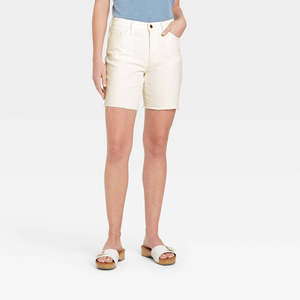 Shorts Bermuda in Denim Vintage a Vita Alta da Donna, Bianchi con Decorazione a Bottoni Universali, Taglia 12 - Product Image 1