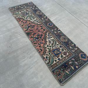Turkish Vintage Rug, 2x6 ft <b>Runner</b> Rug, Blue <b>Red</b> Floral Wool Rug - Product Image 2
