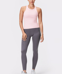 Camiseta sin mangas para mujer ajustada acanalada de cuello alto azul oscuro, ligera, elástica en cuatro direcciones, cómoda, ropa informal para gimnasio y yoga - Product Image 3