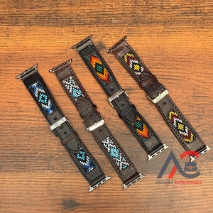 Bracelets de montre perlés en cuir véritable faits à la main en gros d'usine pour bracelet en cuir de vachette pour femmes avec barres à ressort à dégagement rapide - Product Image 1