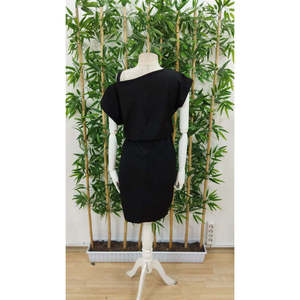 Women's Short-Sleeved, One-Shoulder Strap and Accessory Detail Crepe <b>Dress</b> with <b>Elastic</b> Waist, 36532 - Black - Product Image 6