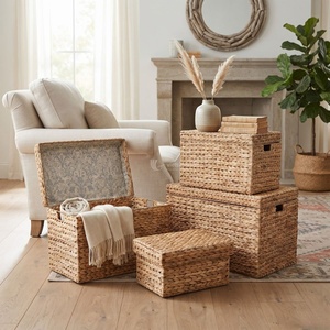 Rectangular Water Hyacinth Standing Double Storage <b>Basket</b> <b>Lid</b> Handwoven Sustainable Organizer Stackable Practical for Bathroom - Product Image 3