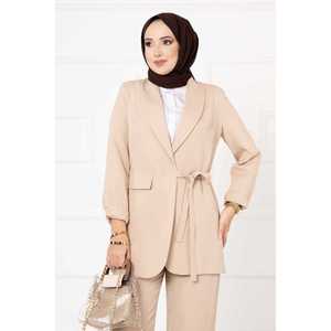 Traje de Chaqueta Beige con Lazos Laterales, Diseño Elegante para Mujer de Oficina, para Verano - Product Image 2