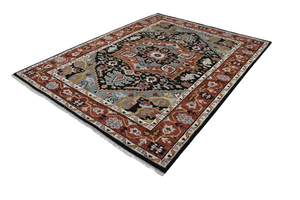 Alfombra de área Oushak anudada a mano tradicional de calidad de exportación estupenda alfombra de diseño persa negra/roja en forma de rectángulo a la venta - Product Image 2