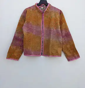 Jaket katun Kantha buatan tangan Kantha mantel katun wanita jaket Boho etnik jaket Floral Kantha mantel terbuka depan