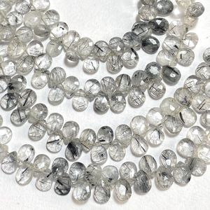 Cuentas de Briolette con forma de pera y almendra facetadas de rutilo negro natural calibradas para la fabricación de joyas - Product Image 4