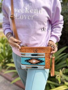 Aztec Saddle Blanket Leather Sling Handbag Hand Tooled Leather Purse Western Style Designer Multi Uses <b>Bags</b> for Women - Product Image 3