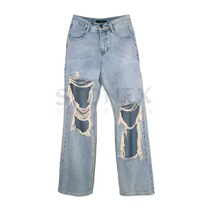 Custom Nieuw Design Vrouwen Modieuze Denim Broek Losse Pasvorm Lichte Stiksels Rechte Broek Coole Stijl Gescheurde Meisjes Denim Jeans