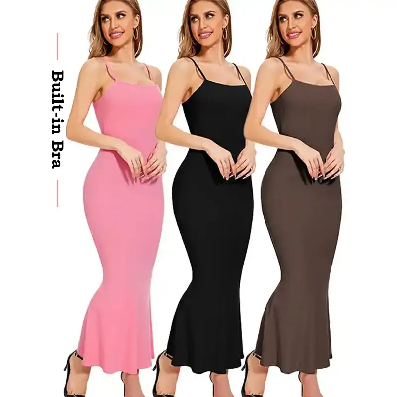 لا مشكل كامل زلة اللباس Bodycon بنيت في ملابس الداخلية حمالات الصدر الأساسية الناعمة الوردي عارضة فستان طويل للنساء